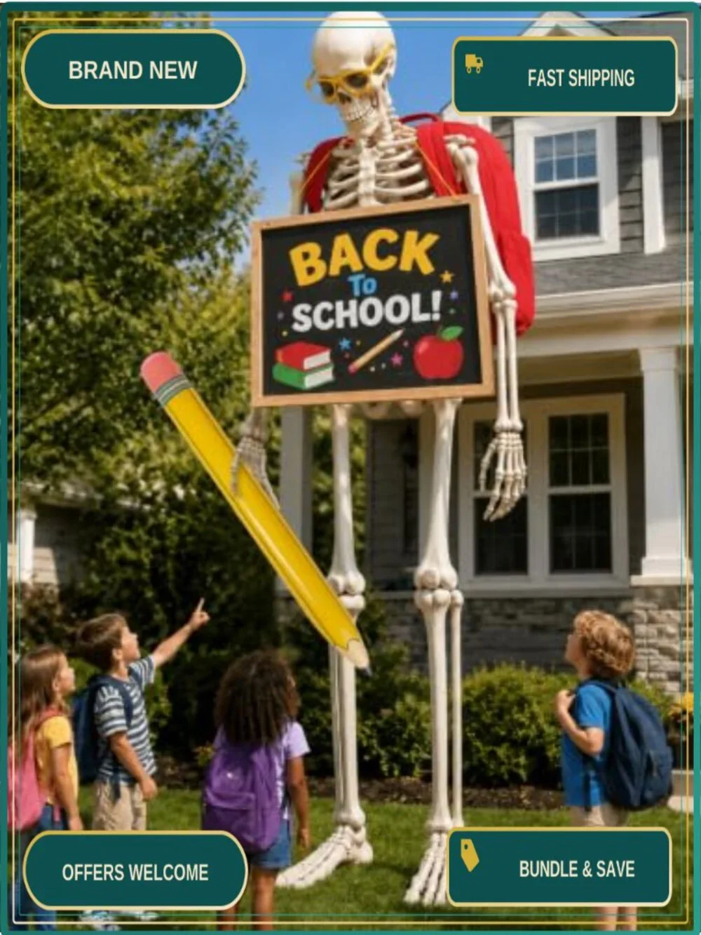 12FT Skeleton Back to School Outfit Costume Accessory Set w/ Backpack, Sign,